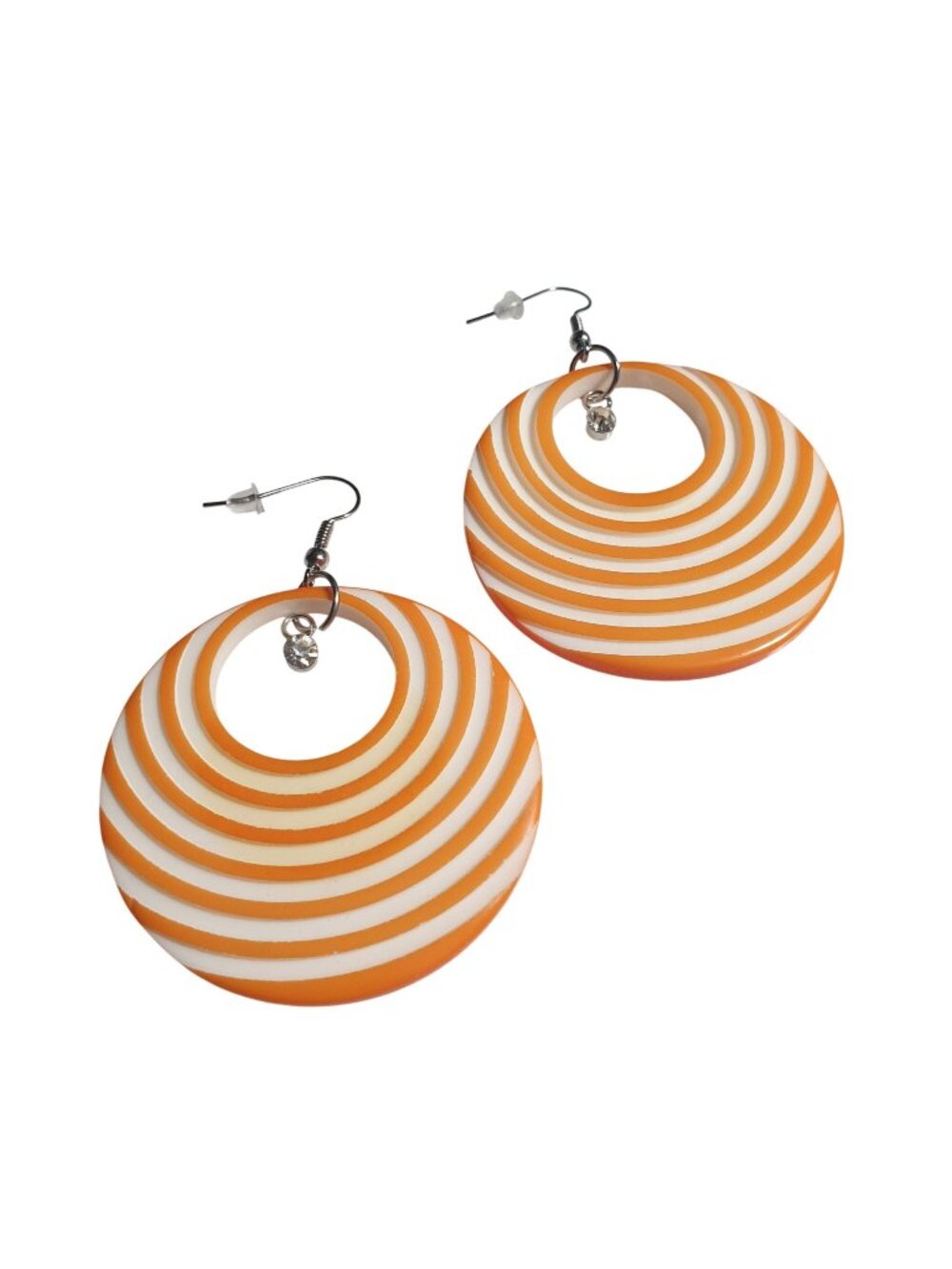 Orange White Striped Round Drop Earrings With Crystal Charm Dangle Hook 2" Diame